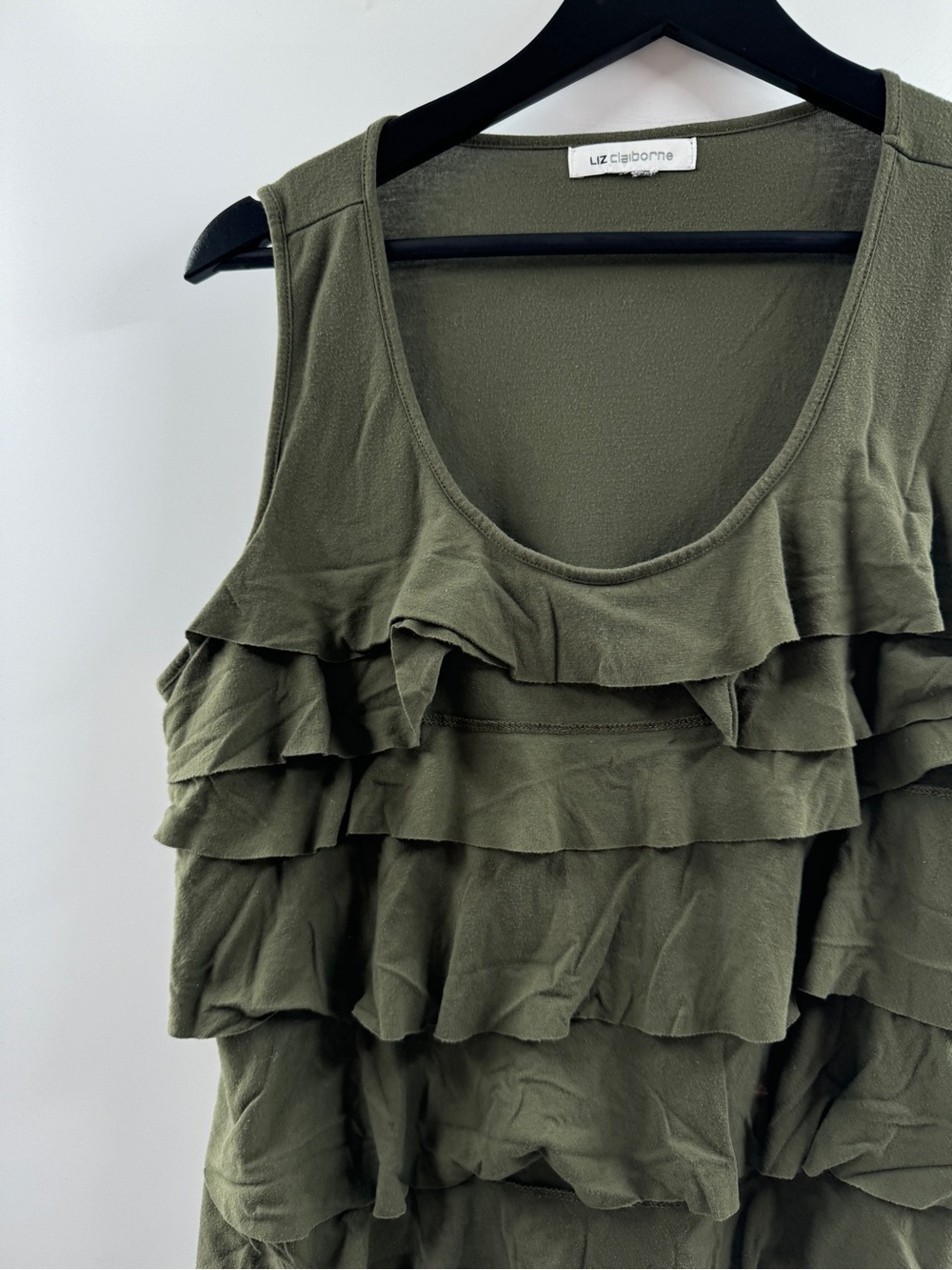 Liz Claiborne Olive Green Ruffle Neck Top – Women's Large - Picture 2 of 8